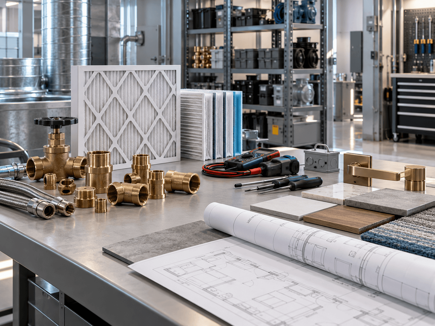 Hotel engineering components and finish samples on a workbench