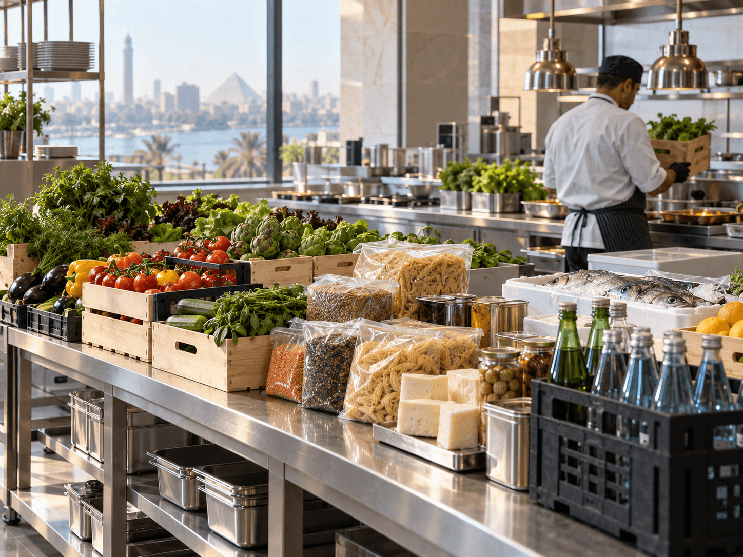 Hotel kitchen receiving fresh ingredients and beverage supplies