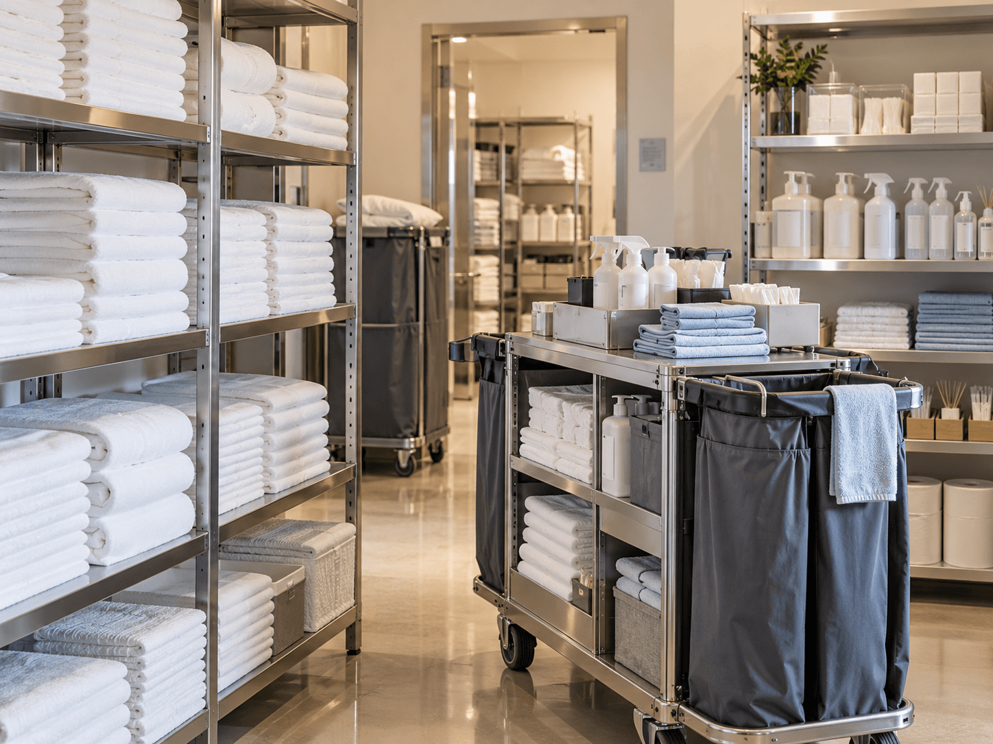 Hotel housekeeping room with linen and cleaning supplies