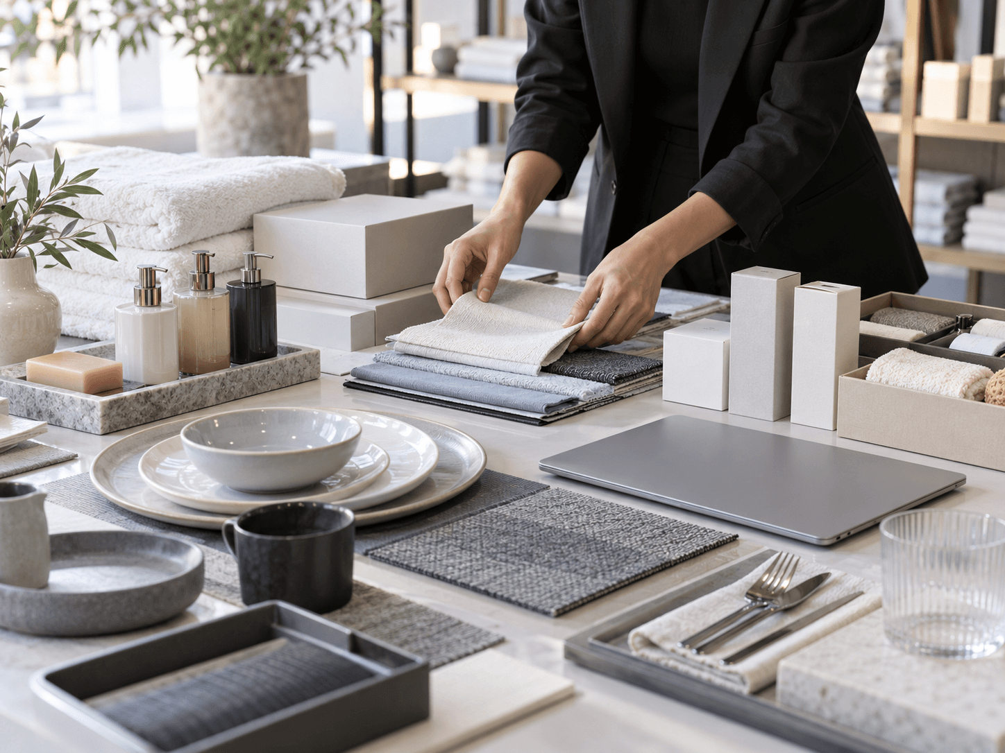 Hospitality supplier arranging material and product samples