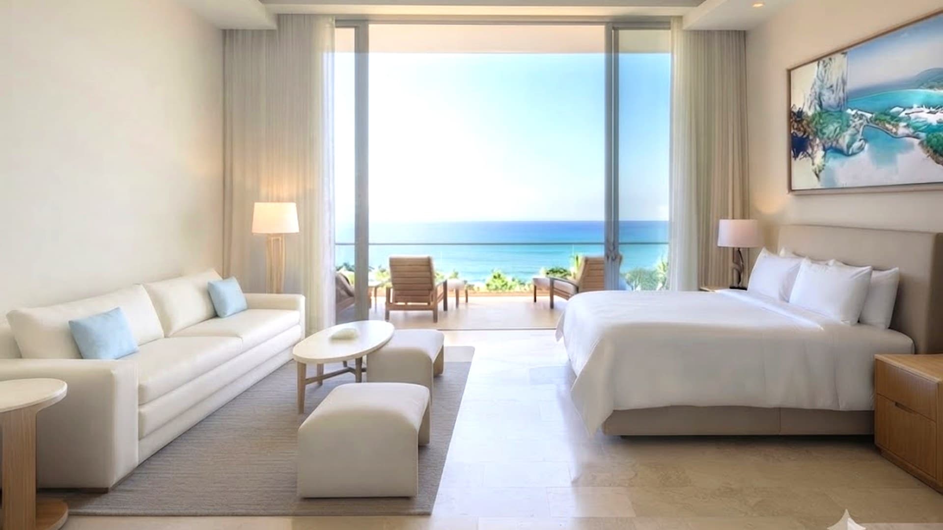 A light-filled hotel suite overlooking the sea