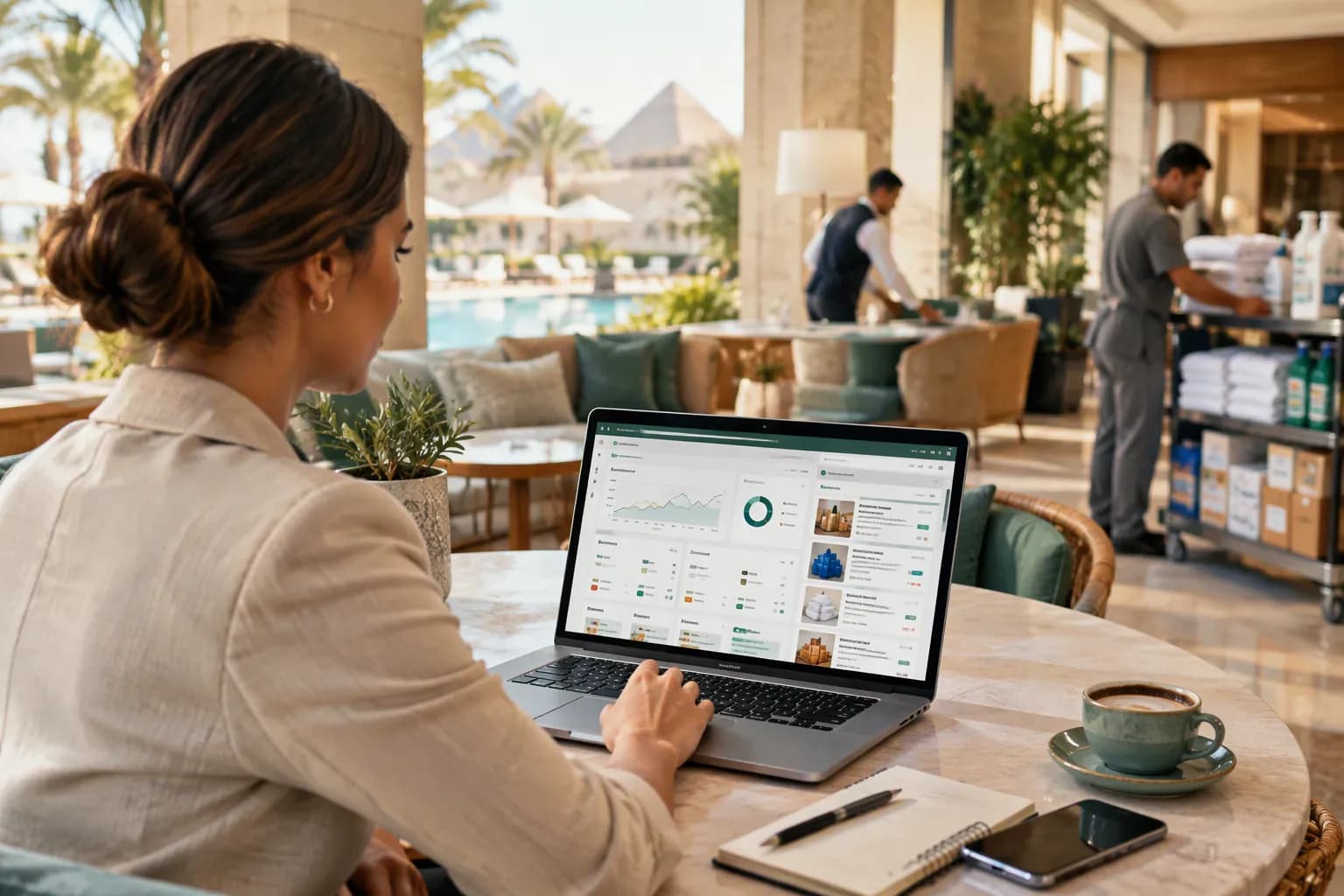Hotel operations team using purchasing data while preparing hospitality supplies