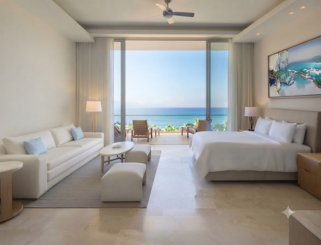 Hotel room with ocean-view balcony